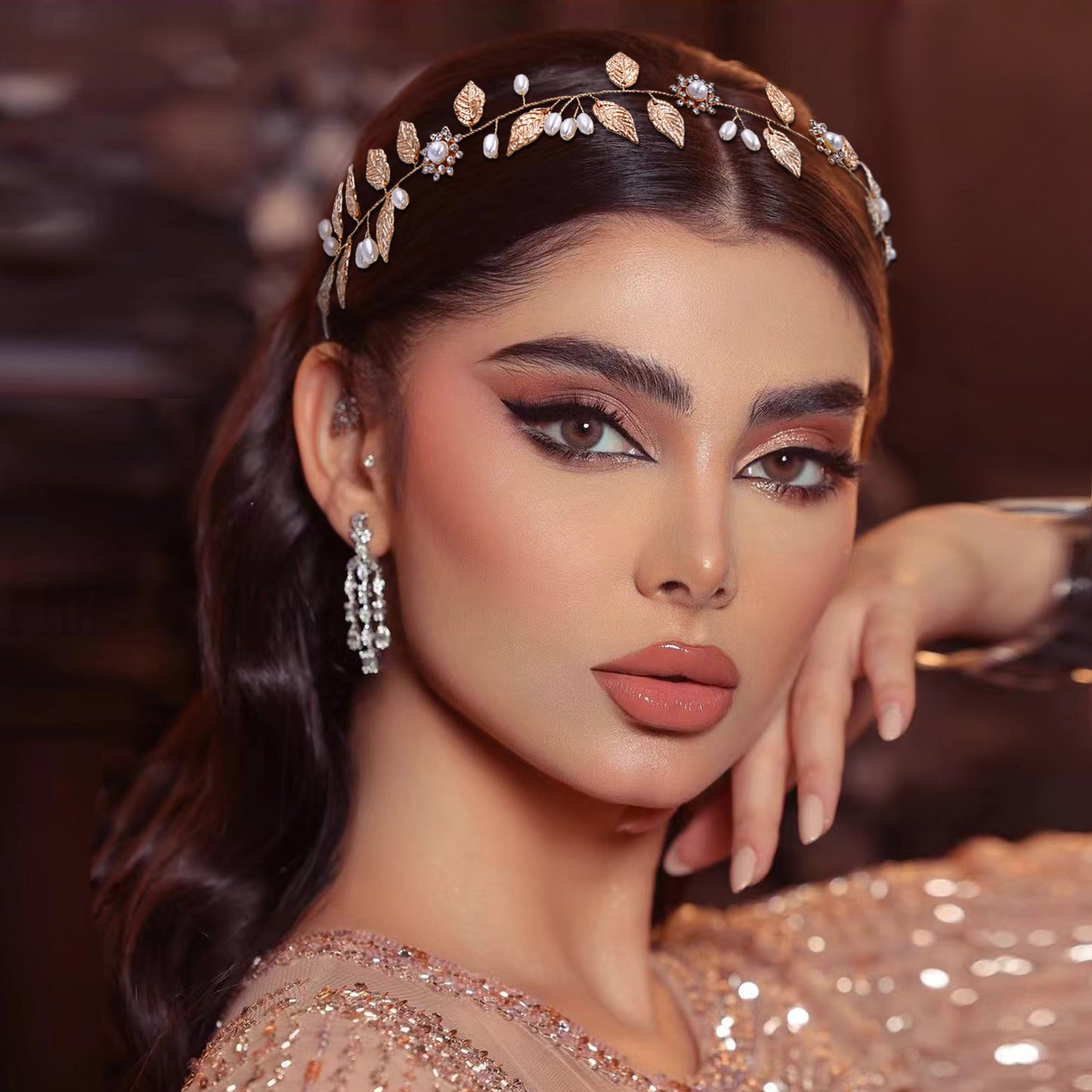 BRIDELLA BHP110 Golden Alloy Leaf Headband for Brides Hand Woven Metal Studded with Diamonds Noble Wedding Hair Accessories