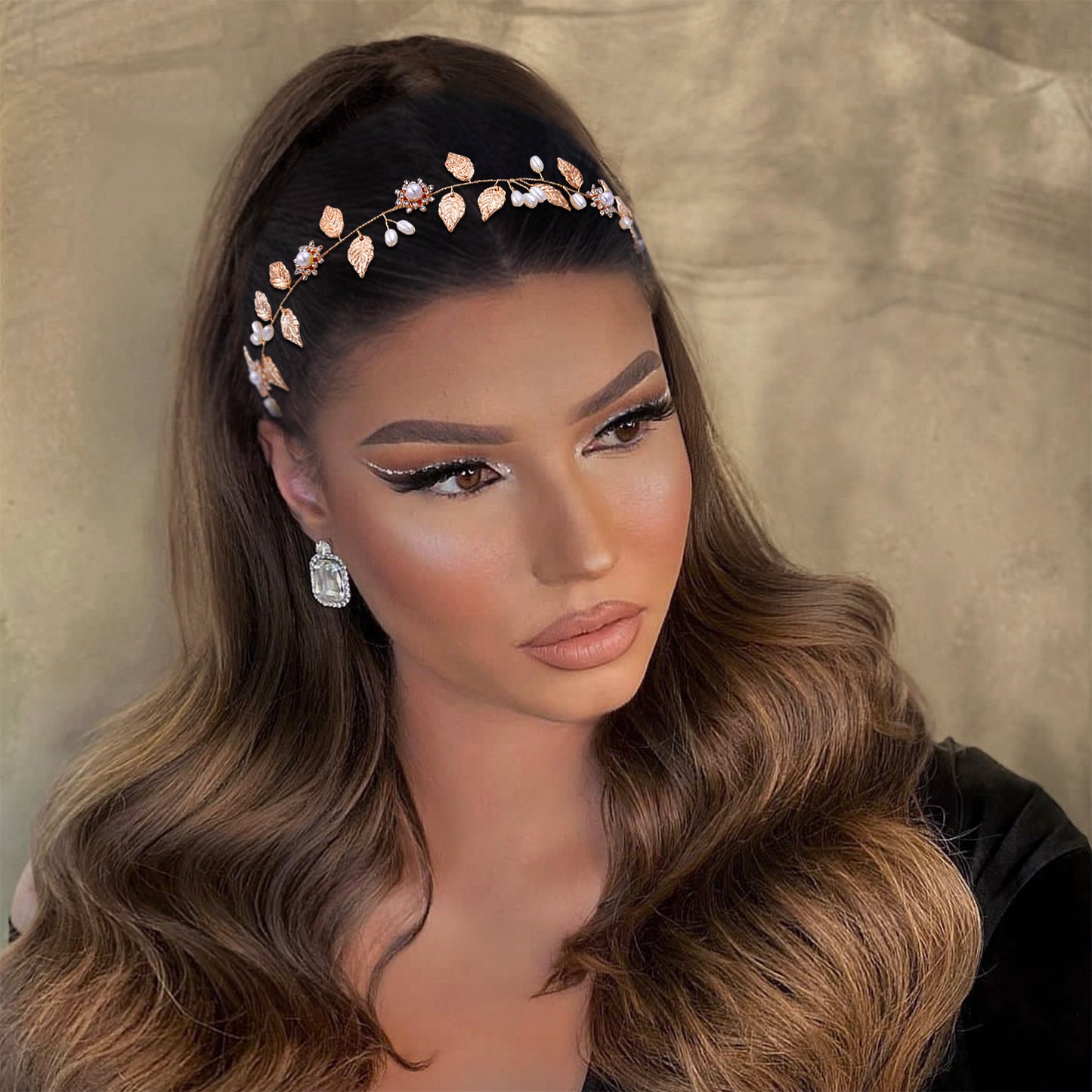 BRIDELLA BHP110 Golden Alloy Leaf Headband for Brides Hand Woven Metal Studded with Diamonds Noble Wedding Hair Accessories