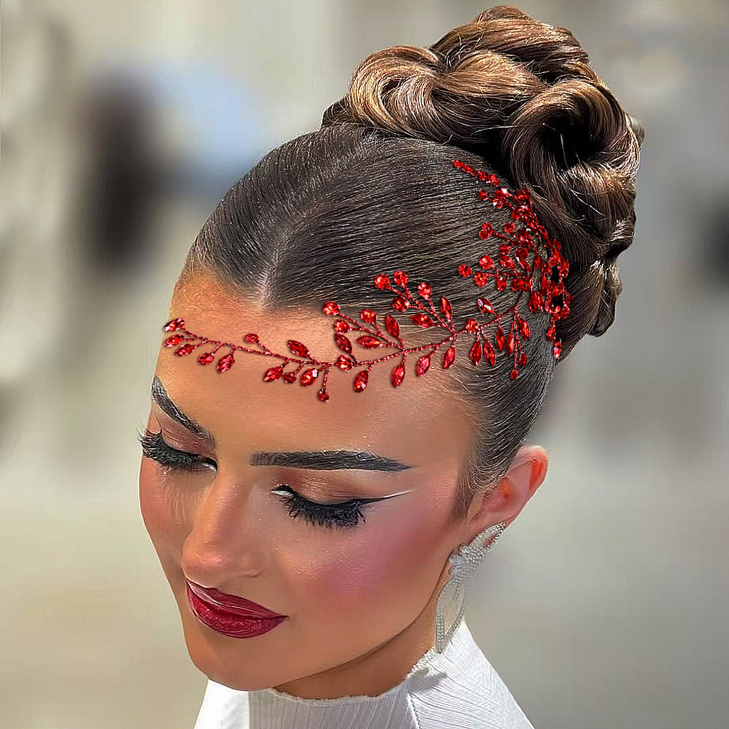BRIDELLA BHP21 Red Bridal Headband Rhinestone Hair Accessories Wedding Rhinestone Hairpiece Bridesmaid Jewelry Head Decoration