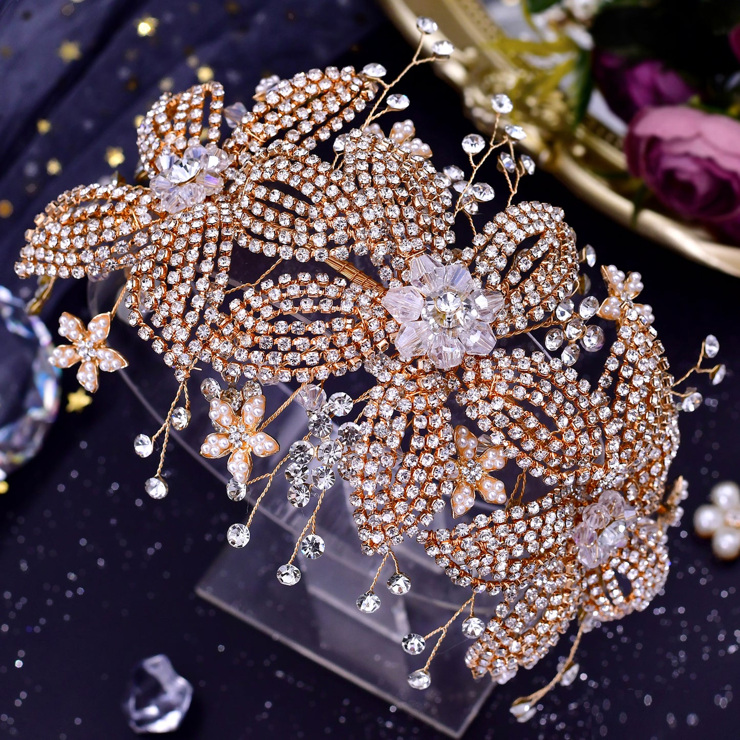 BRIDELLA BHP252 Crystal Bridal Tiara Wedding Headpiece Hair Accessories Bride Hair Jewelry Handmade Rhinestone Flower Headband