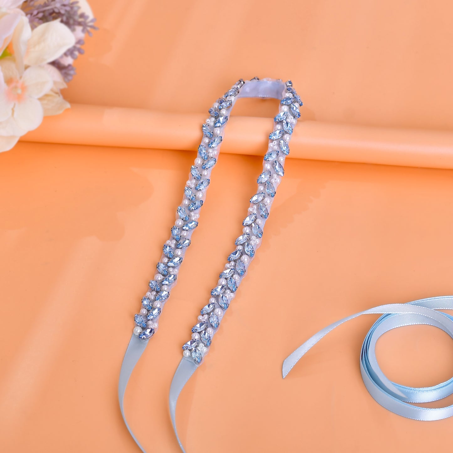 BRIDELLA BS383QL Dreamy Light Blue Diamond Belt Large Satin Waist Cover Hand Sewn