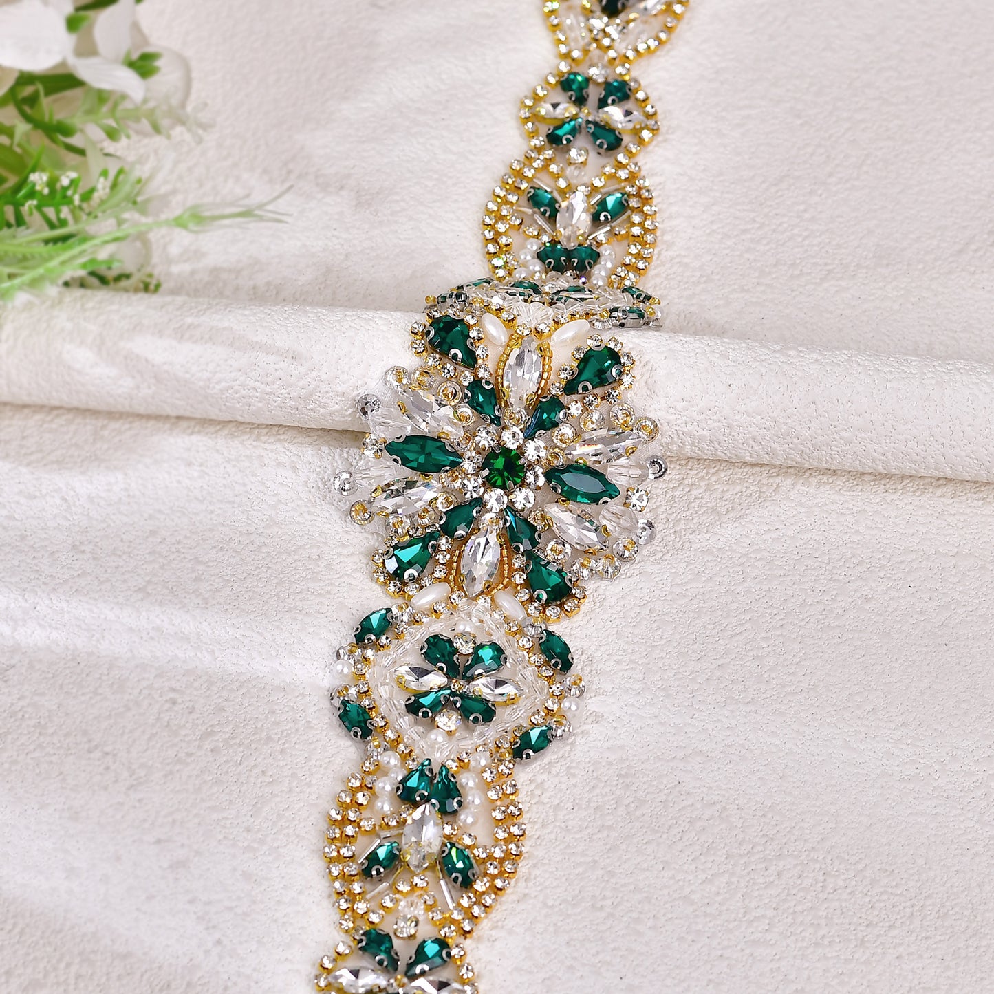 BRIDELLA BS433GKL Beautiful Widened Gold Green Contrasting Glass Diamond Skirt Waist Accessory Hand Sewn