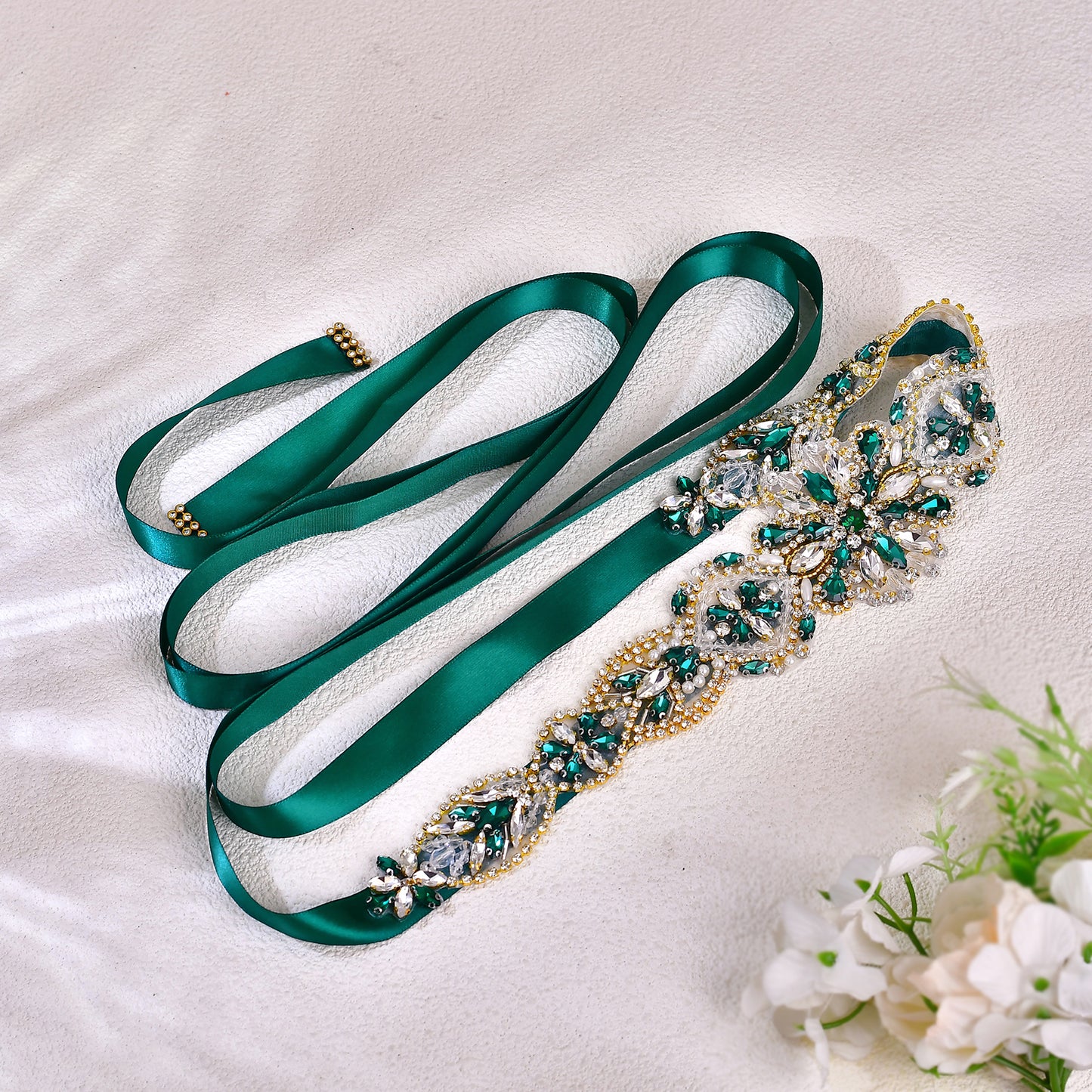 BRIDELLA BS433GKL Beautiful Widened Gold Green Contrasting Glass Diamond Skirt Waist Accessory Hand Sewn