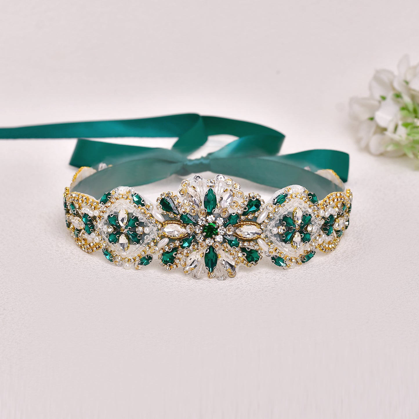BRIDELLA BS433GKL Beautiful Widened Gold Green Contrasting Glass Diamond Skirt Waist Accessory Hand Sewn