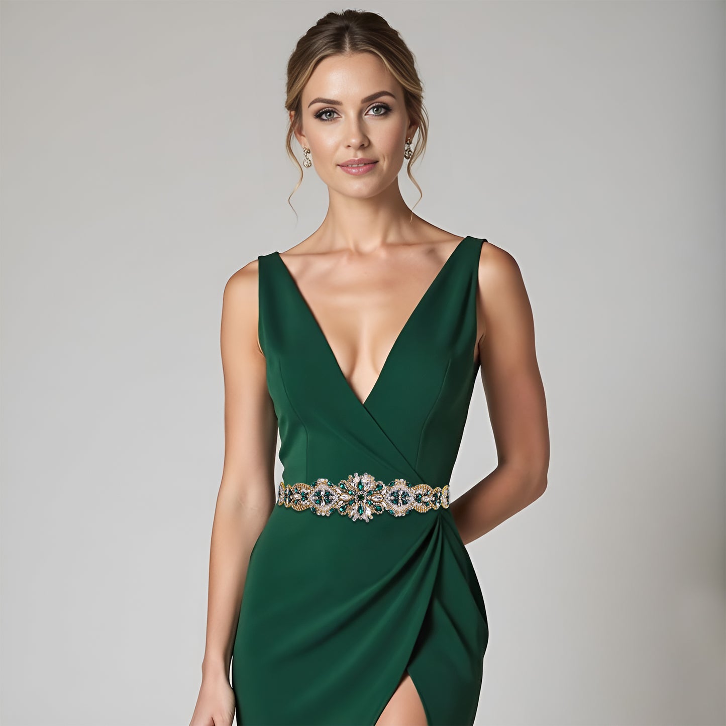 BRIDELLA BS433GKL Beautiful Widened Gold Green Contrasting Glass Diamond Skirt Waist Accessory Hand Sewn