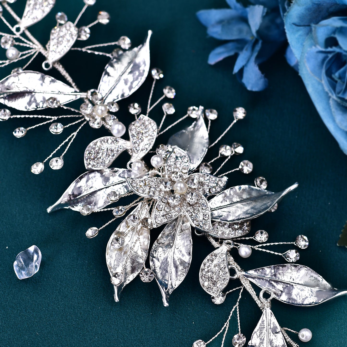 BRIDELLA BHP299 Silver Alloy Leaf Bridal Hair Accessory Diamond Wedding Hair Accessory Handmade Wedding Headpiece