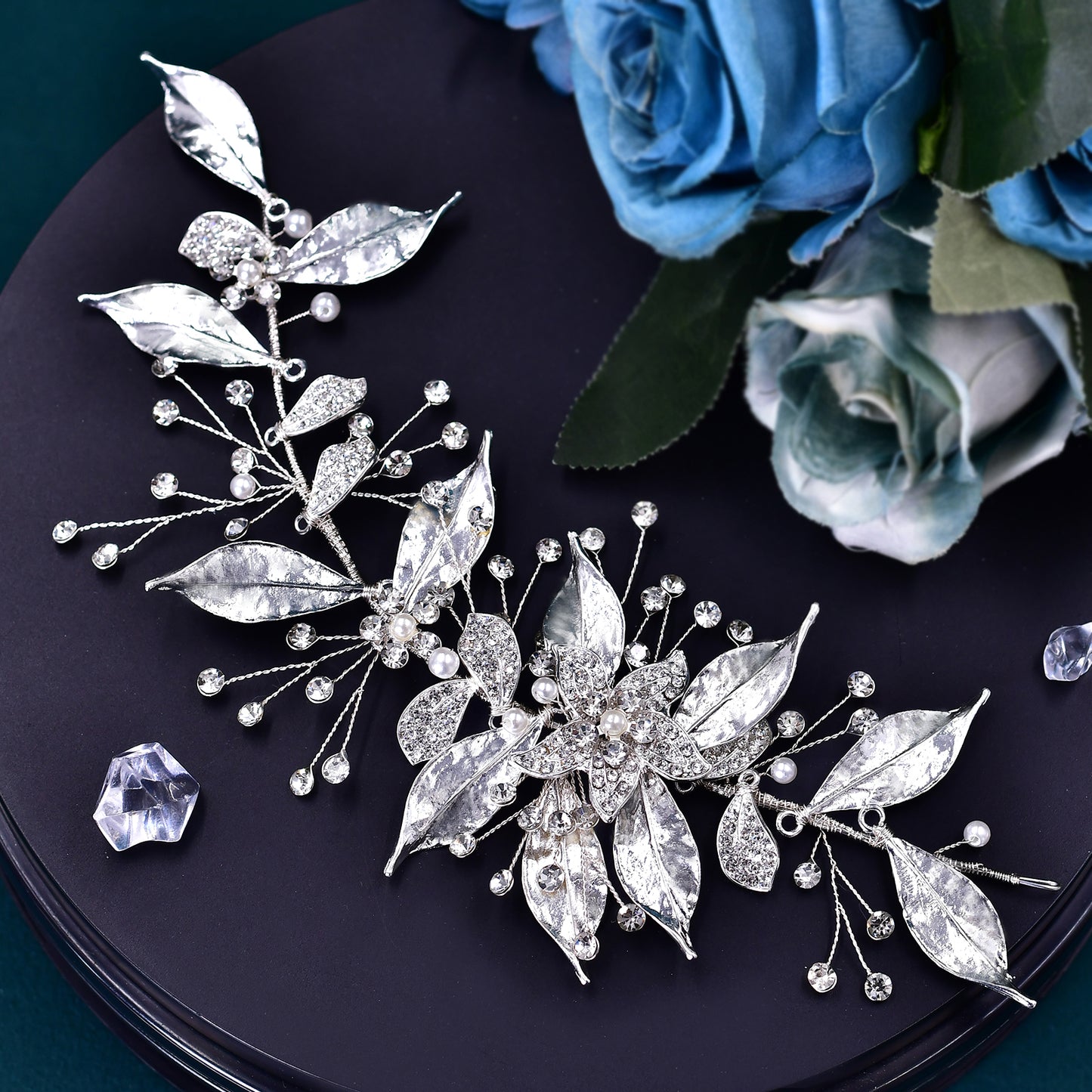 BRIDELLA BHP299 Silver Alloy Leaf Bridal Hair Accessory Diamond Wedding Hair Accessory Handmade Wedding Headpiece