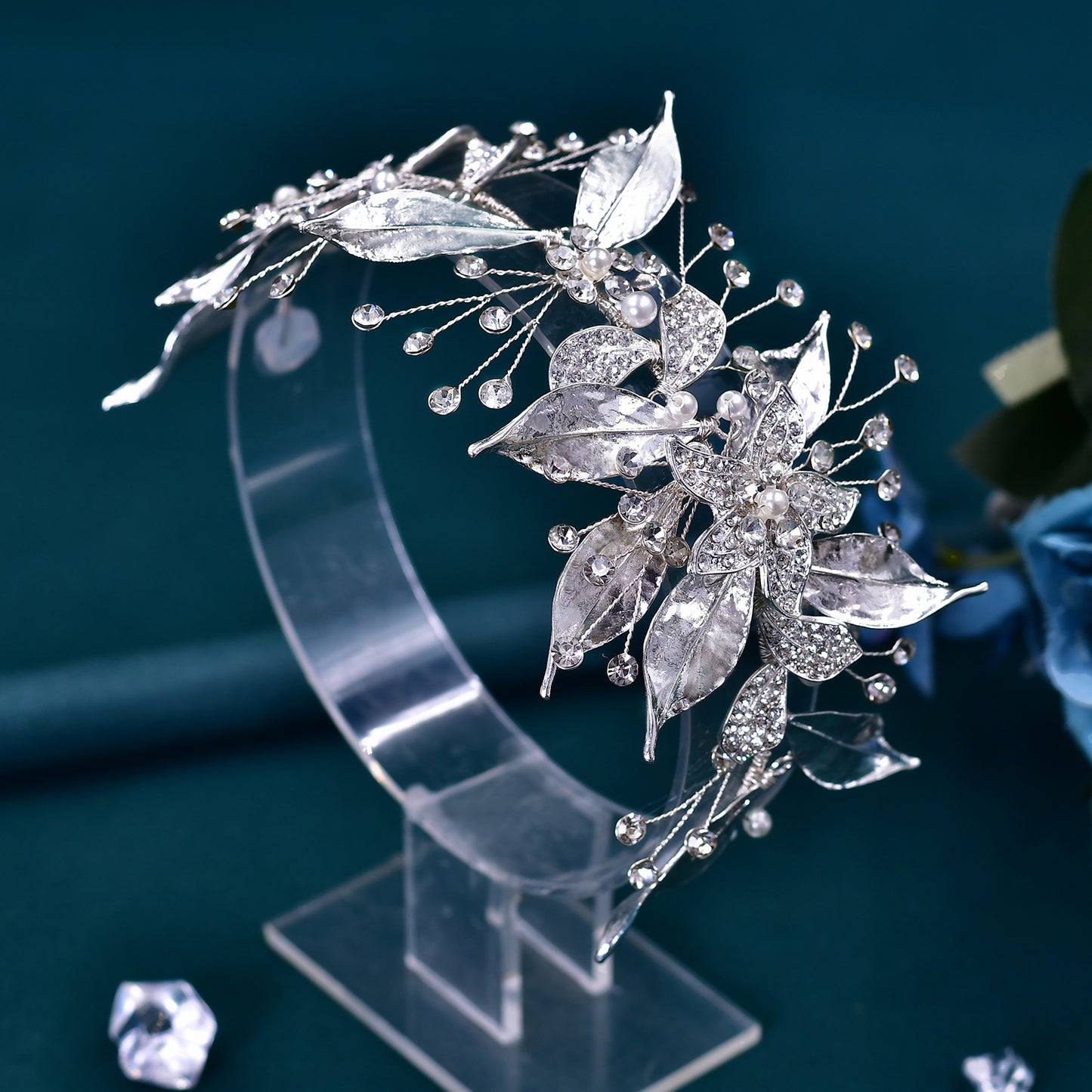 BRIDELLA BHP299 Silver Alloy Leaf Bridal Hair Accessory Diamond Wedding Hair Accessory Handmade Wedding Headpiece