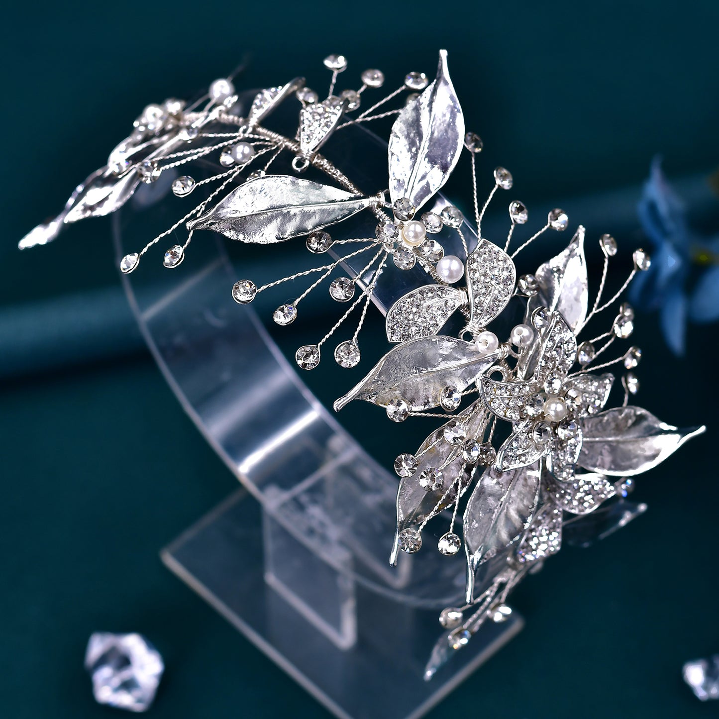 BRIDELLA BHP299 Silver Alloy Leaf Bridal Hair Accessory Diamond Wedding Hair Accessory Handmade Wedding Headpiece