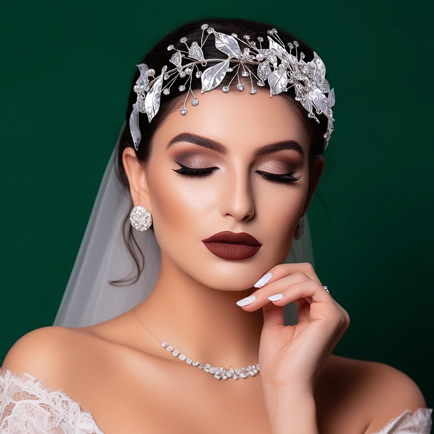 BRIDELLA BHP299 Silver Alloy Leaf Bridal Hair Accessory Diamond Wedding Hair Accessory Handmade Wedding Headpiece