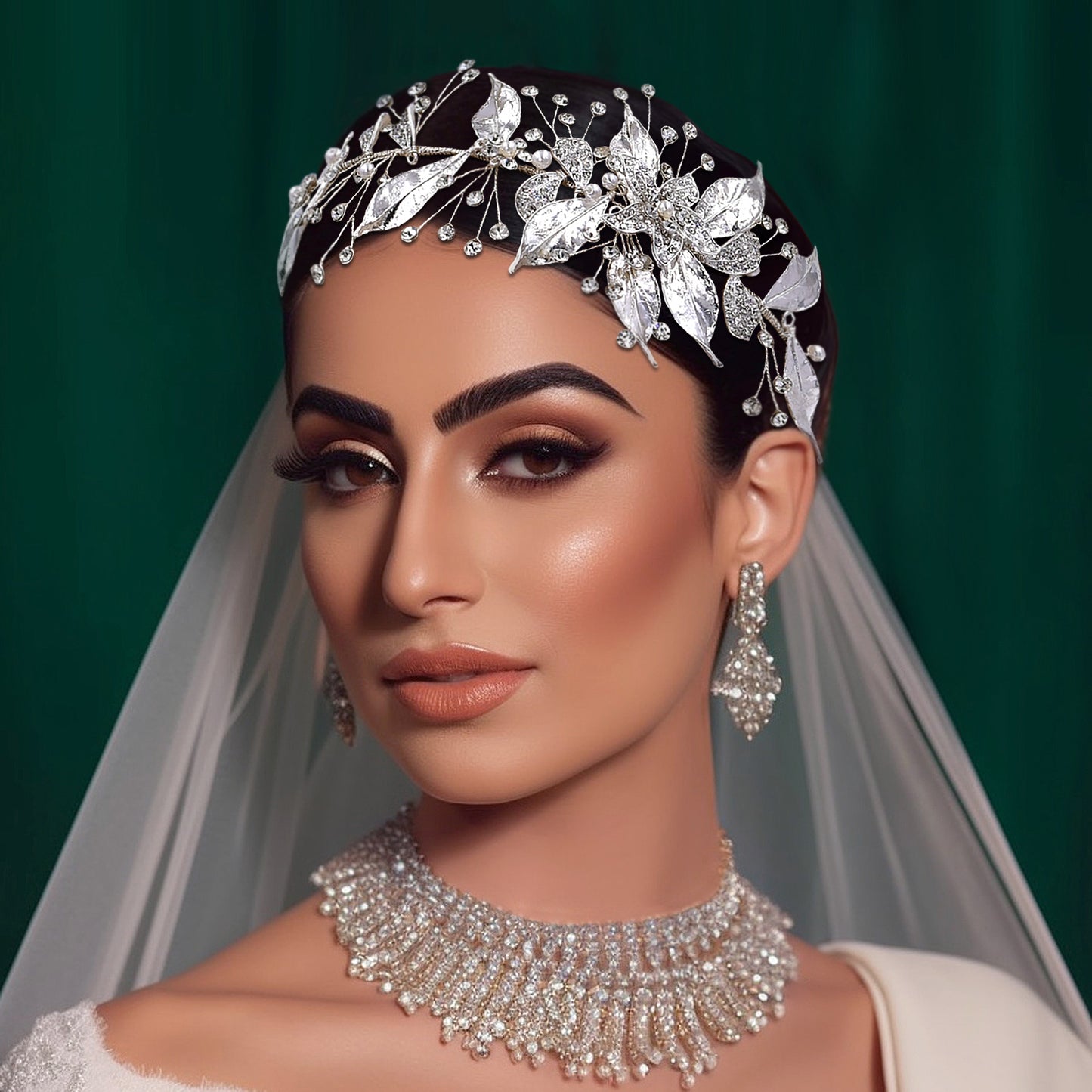 BRIDELLA BHP299 Silver Alloy Leaf Bridal Hair Accessory Diamond Wedding Hair Accessory Handmade Wedding Headpiece