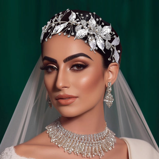 BRIDELLA BHP299 Silver Alloy Leaf Bridal Hair Accessory Diamond Wedding Hair Accessory Handmade Wedding Headpiece