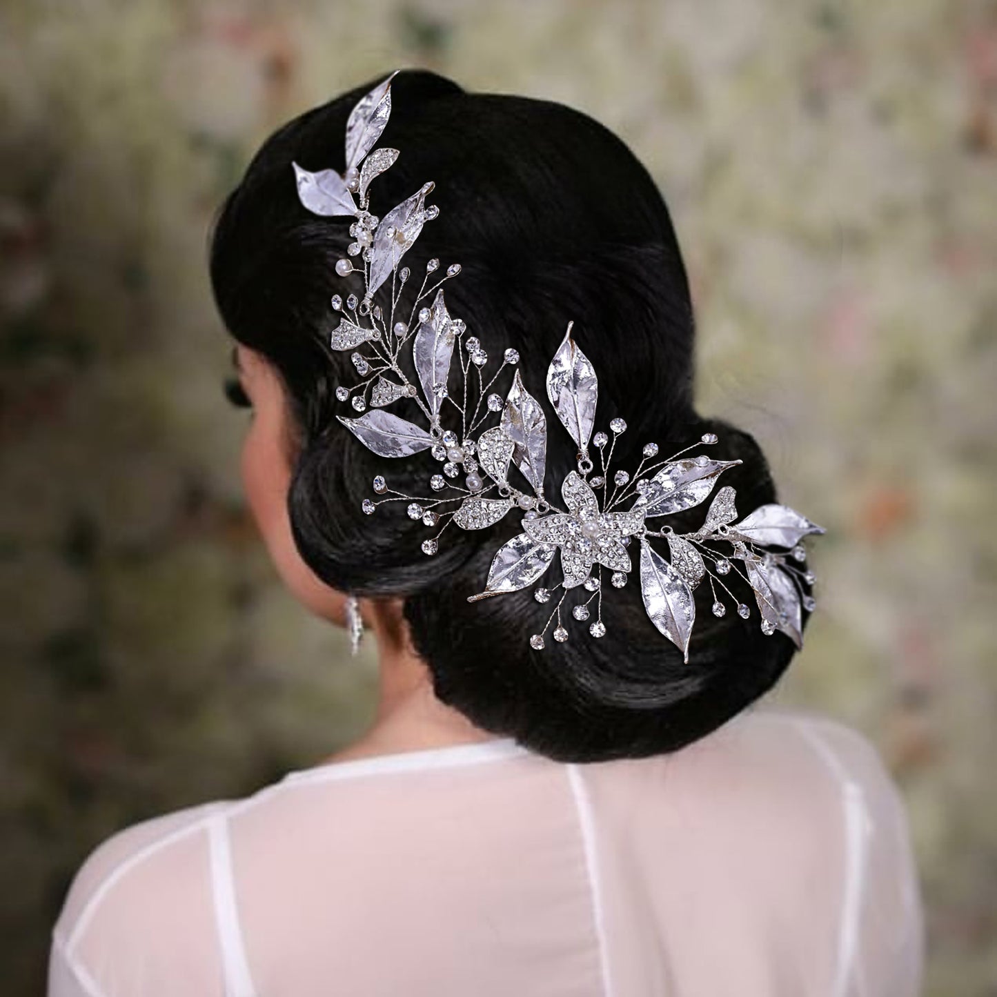 BRIDELLA BHP299 Silver Alloy Leaf Bridal Hair Accessory Diamond Wedding Hair Accessory Handmade Wedding Headpiece