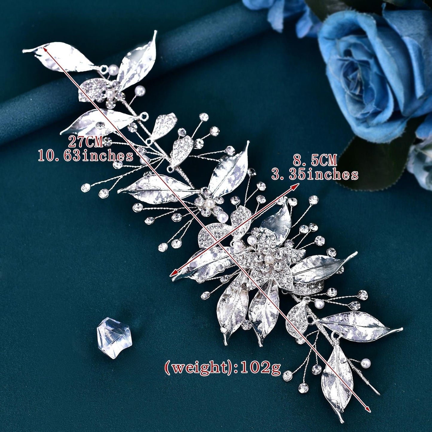 BRIDELLA BHP299 Silver Alloy Leaf Bridal Hair Accessory Diamond Wedding Hair Accessory Handmade Wedding Headpiece