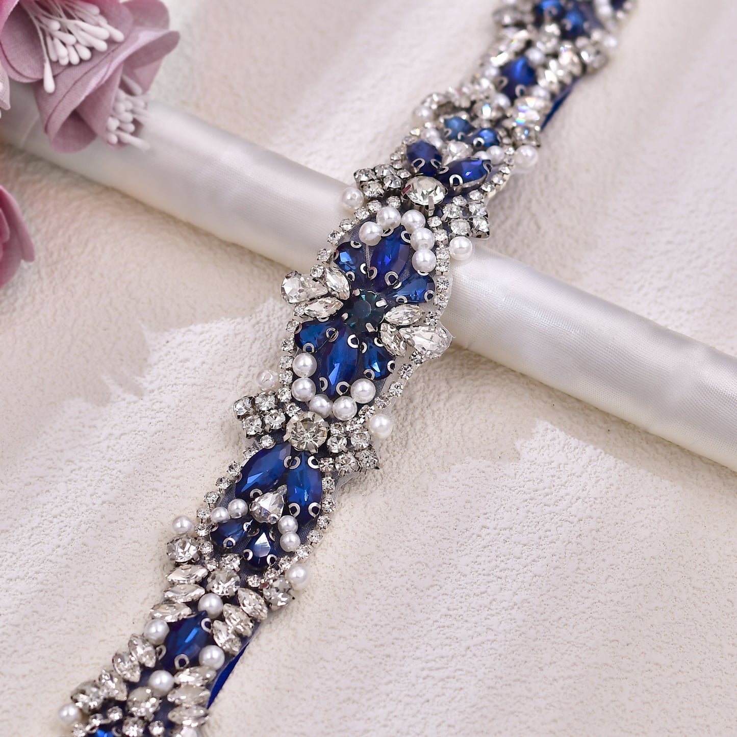 BRIDELLA BS442ML Dress Belt Handmade Beaded Wedding Dress Waist Decoration Dark Blue Strap Style