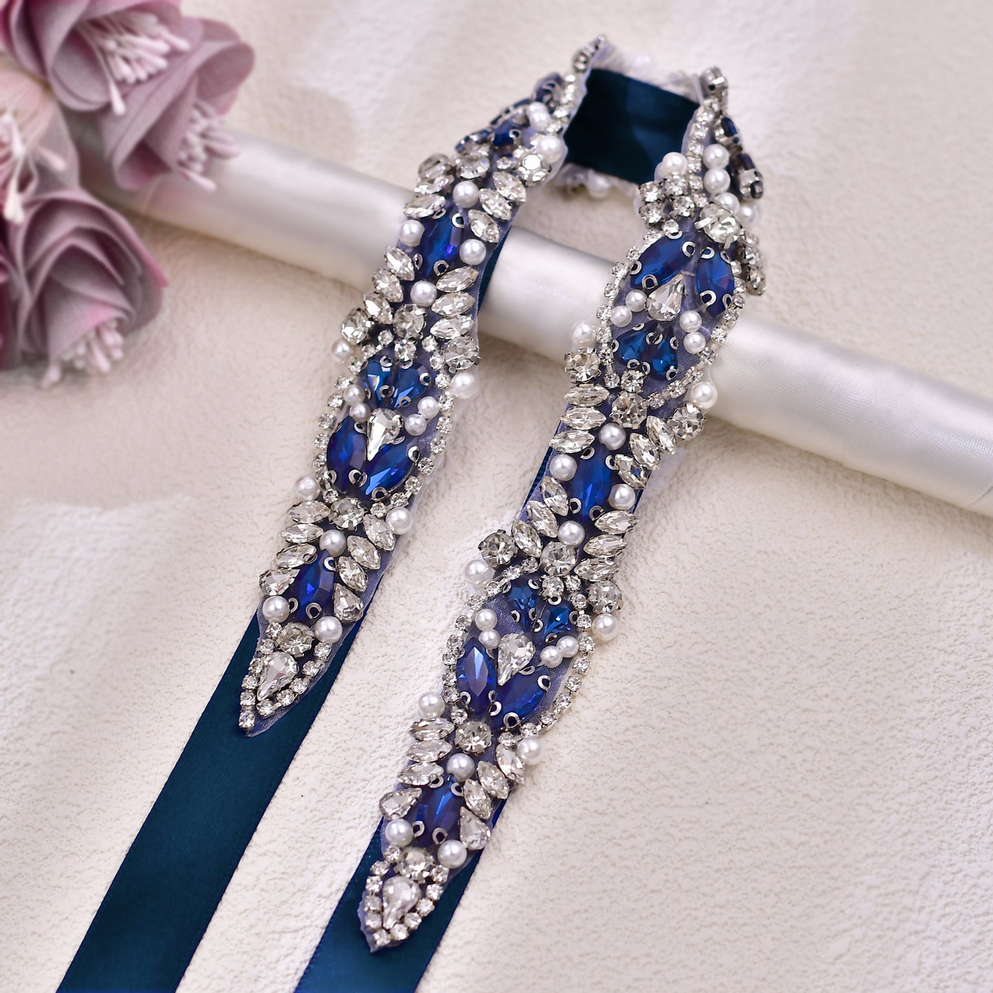 BRIDELLA BS442ML Dress Belt Handmade Beaded Wedding Dress Waist Decoration Dark Blue Strap Style