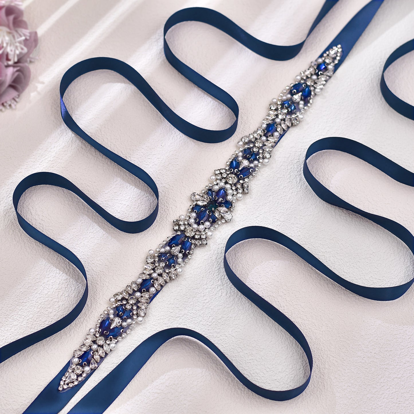 BRIDELLA BS442ML Dress Belt Handmade Beaded Wedding Dress Waist Decoration Dark Blue Strap Style
