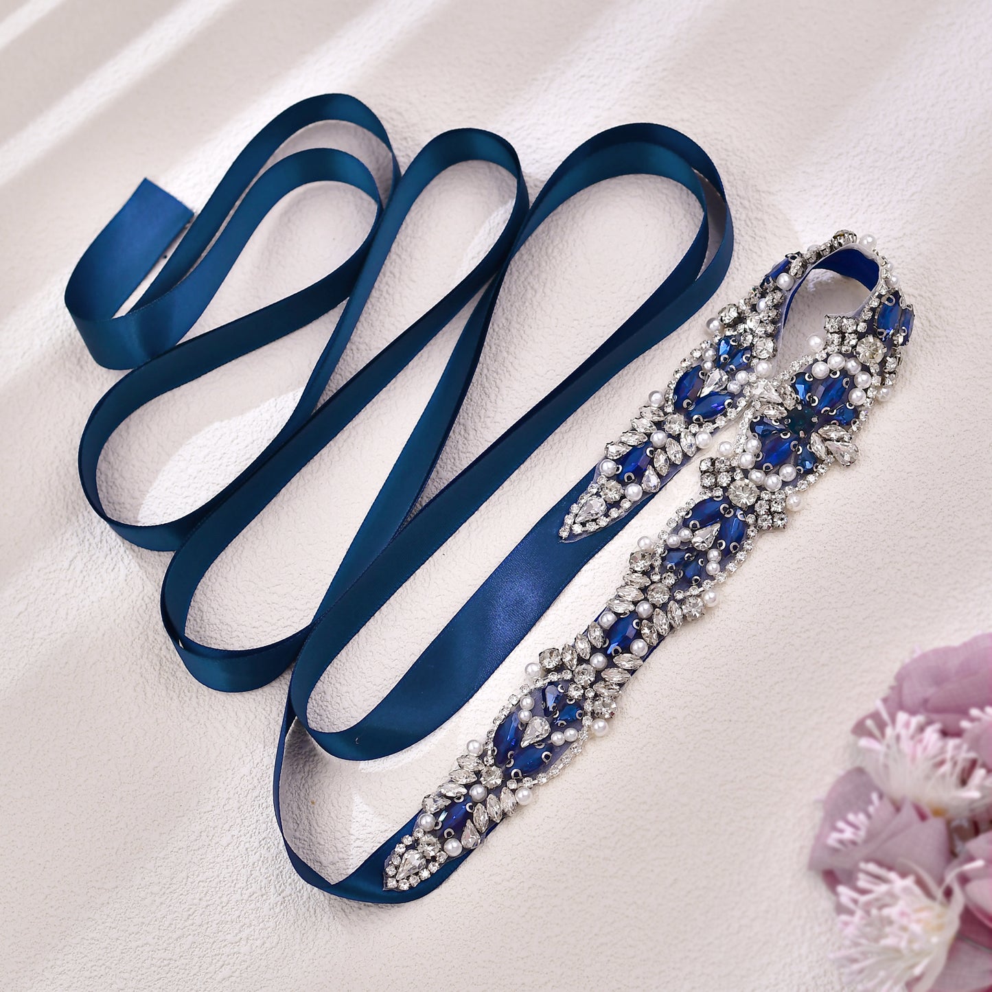 BRIDELLA BS442ML Dress Belt Handmade Beaded Wedding Dress Waist Decoration Dark Blue Strap Style