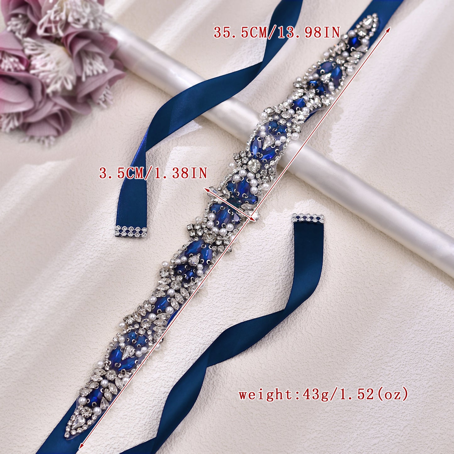 BRIDELLA BS442ML Dress Belt Handmade Beaded Wedding Dress Waist Decoration Dark Blue Strap Style
