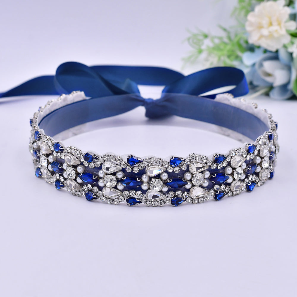 BRIDELLA BS466ML Blue Waist Belt Luxurious Full Diamond Klein Blue Water Diamond Belt Essential for Gorgeous Ball Parties