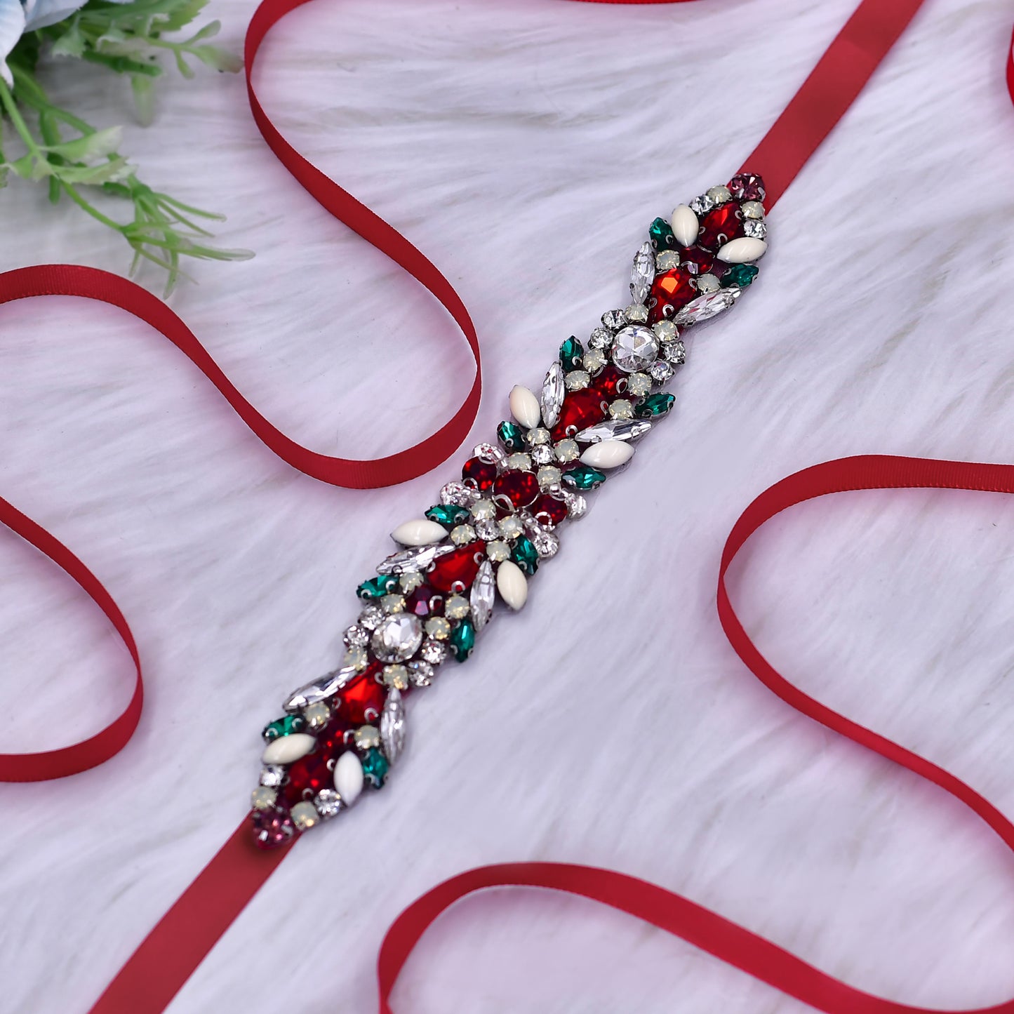 BRIDELLA BS477 Christmas Womens Waist Accessories Red Green Contrasting Rhinestone Belt