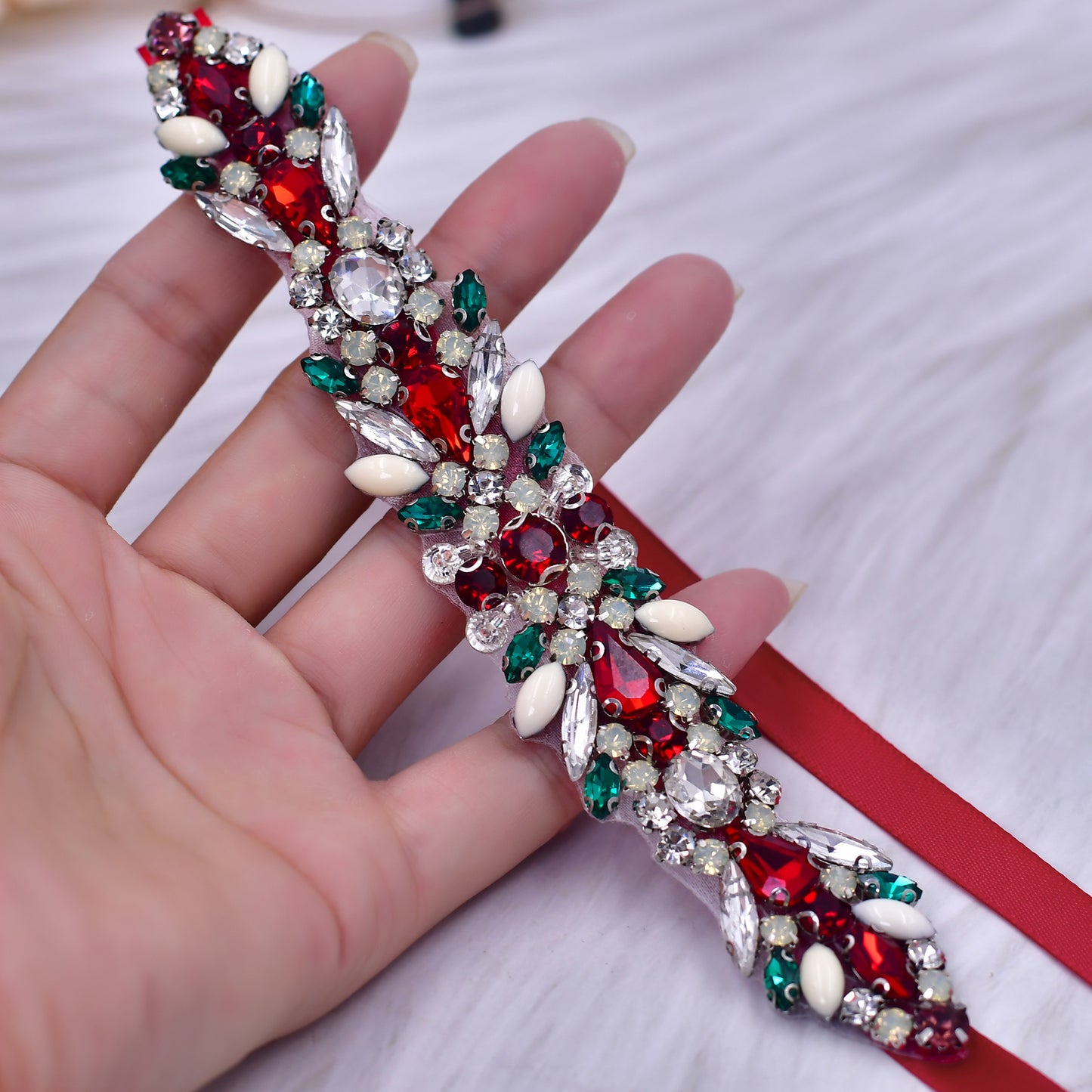 BRIDELLA BS477 Christmas Womens Waist Accessories Red Green Contrasting Rhinestone Belt