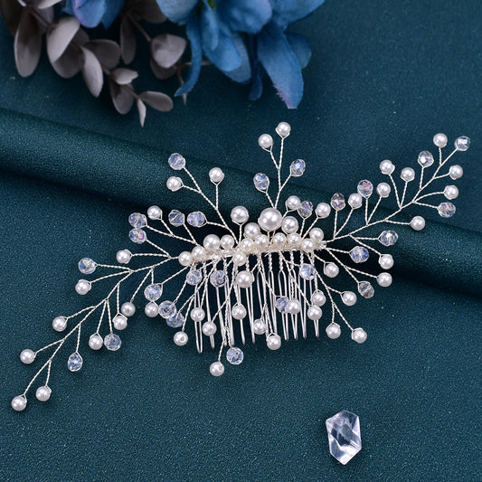 BHP341-S silver pearl crystal hair comb