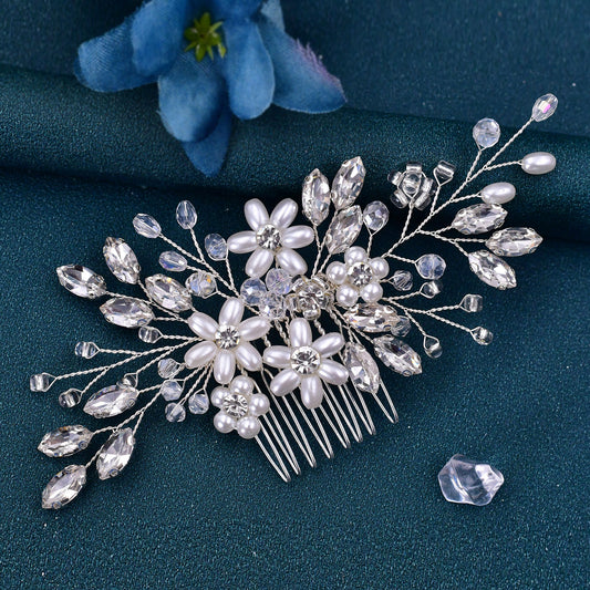 BHP346-S silver rhinestone pearl hair comb