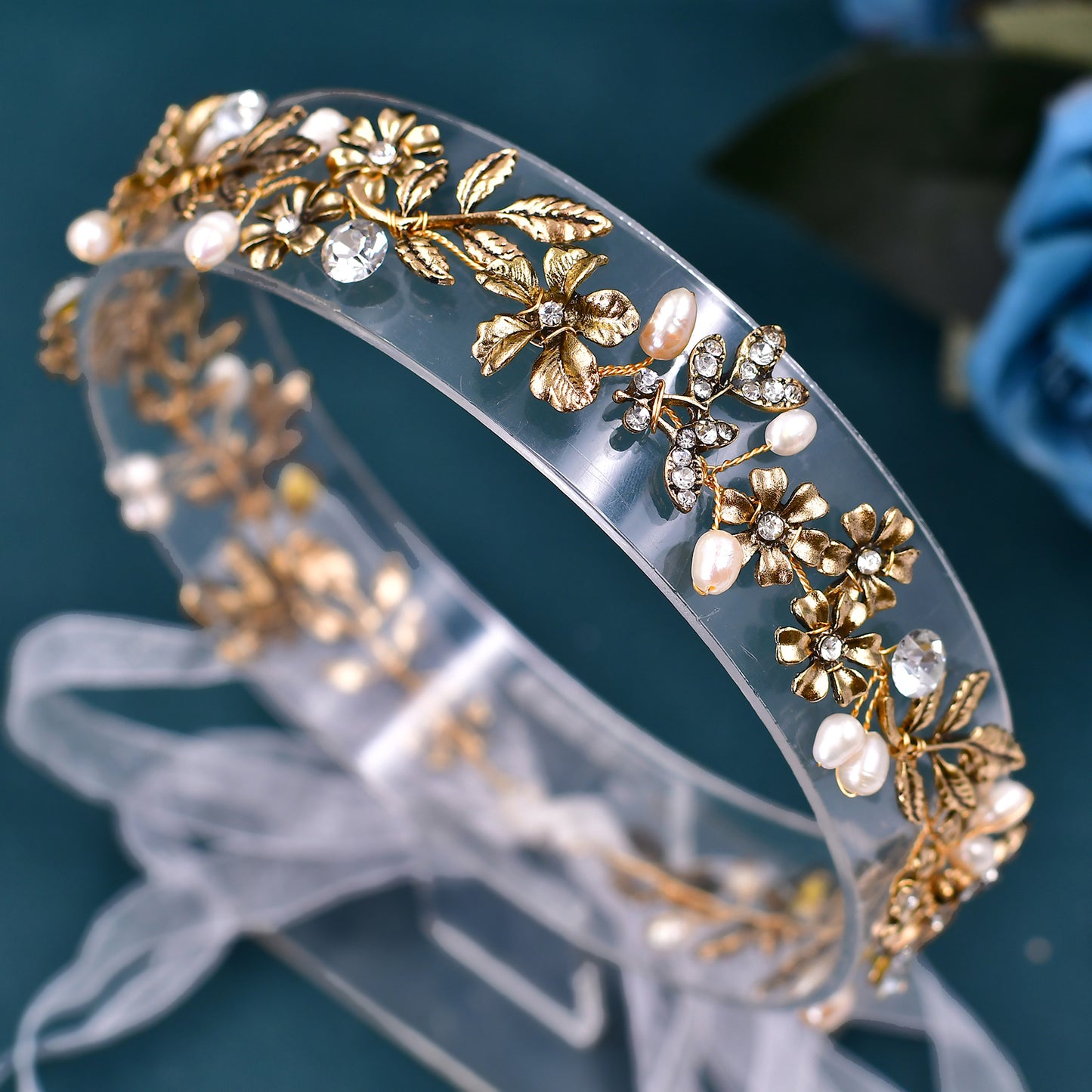 BRIDELLA BHP355 Bridal Golden Headband Women Tiara Wedding Pearl Headwear Alloy Flower And Alloy Leaf Hair Band Hair Accessories