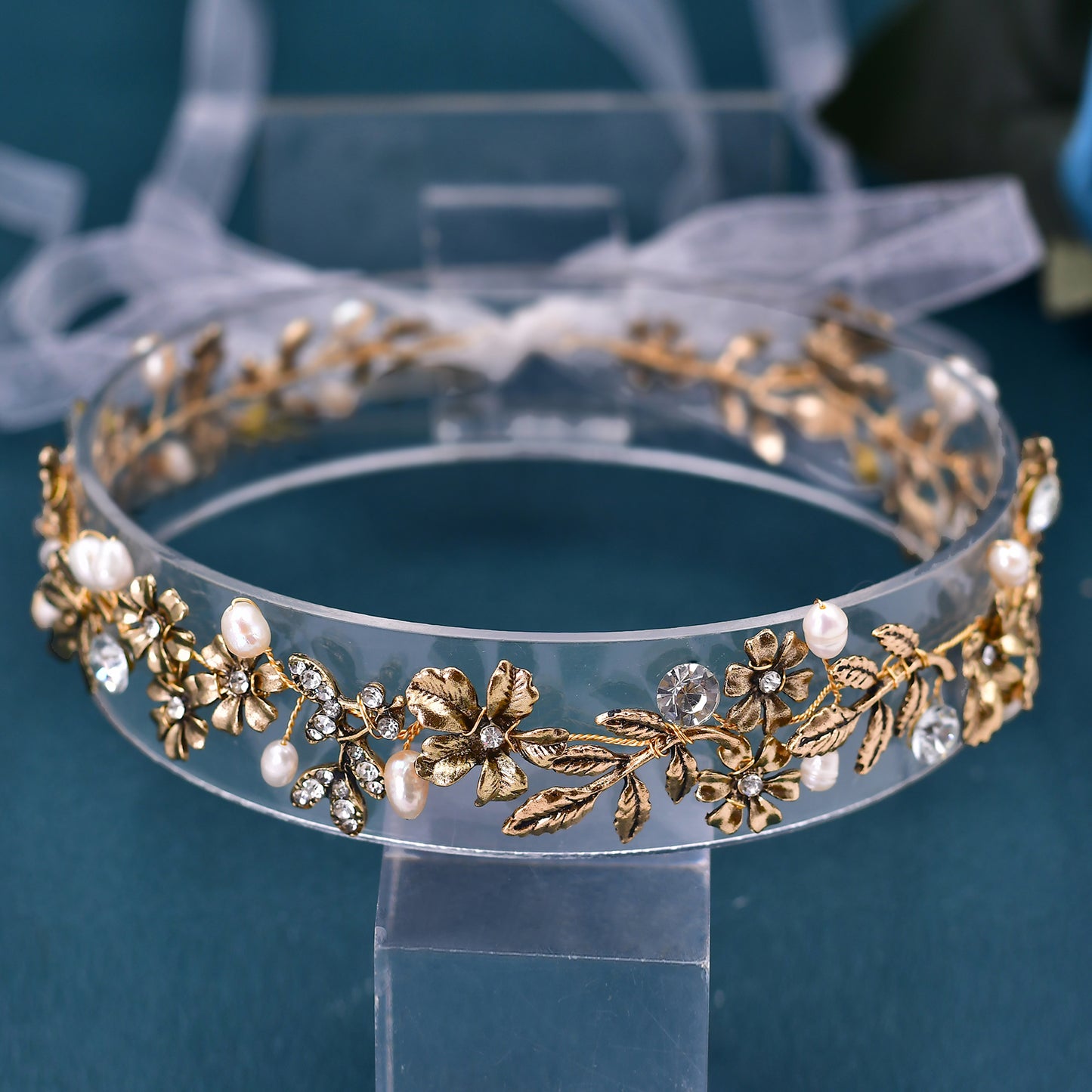 BRIDELLA BHP355 Bridal Golden Headband Women Tiara Wedding Pearl Headwear Alloy Flower And Alloy Leaf Hair Band Hair Accessories