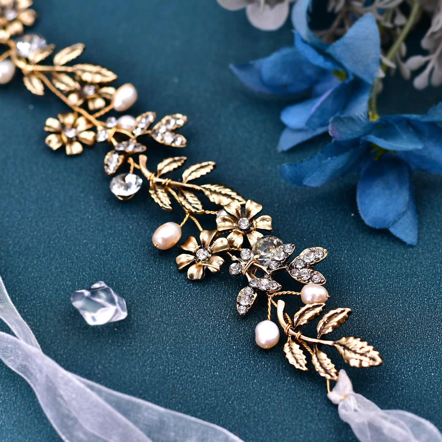 BRIDELLA BHP355 Bridal Golden Headband Women Tiara Wedding Pearl Headwear Alloy Flower And Alloy Leaf Hair Band Hair Accessories
