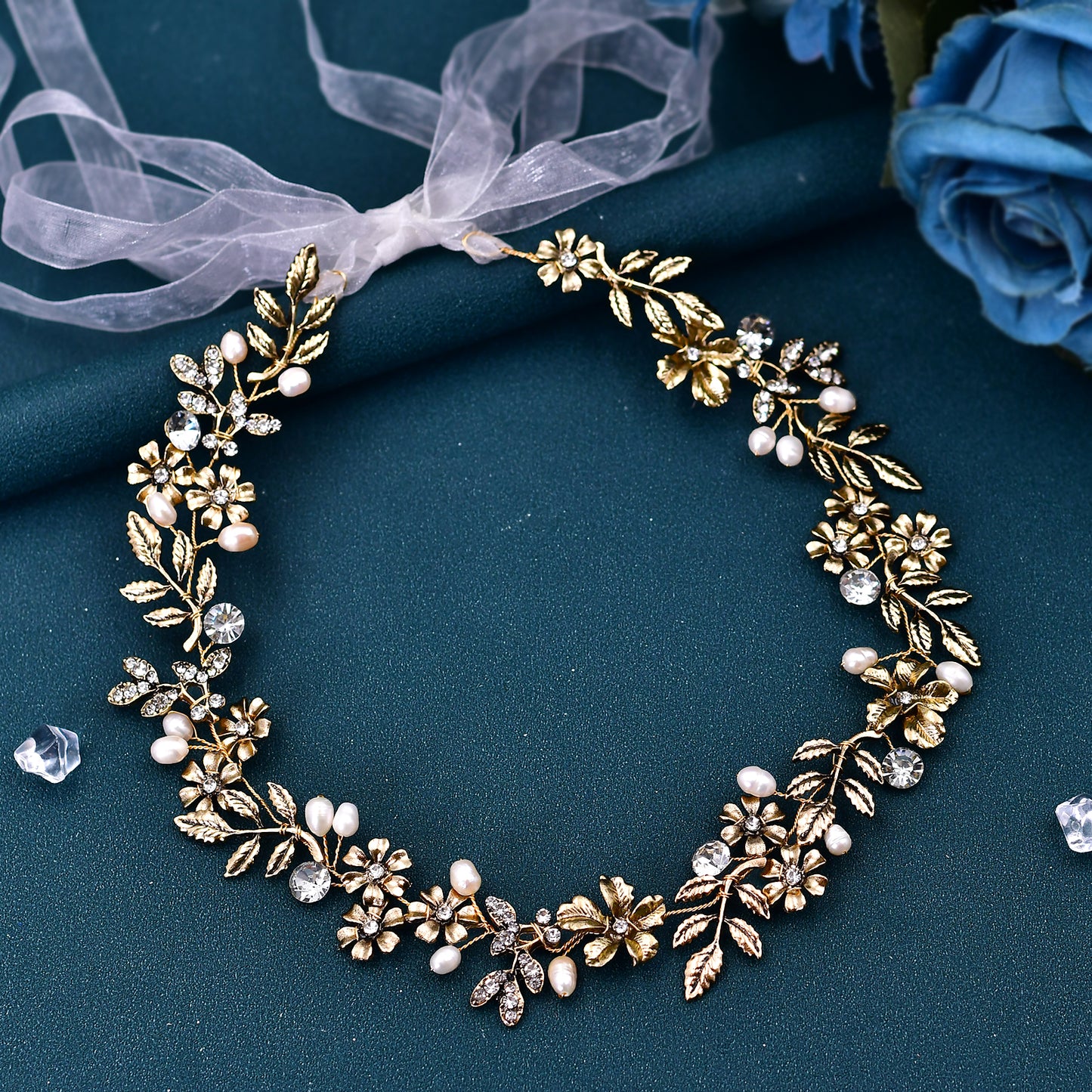 BRIDELLA BHP355 Bridal Golden Headband Women Tiara Wedding Pearl Headwear Alloy Flower And Alloy Leaf Hair Band Hair Accessories