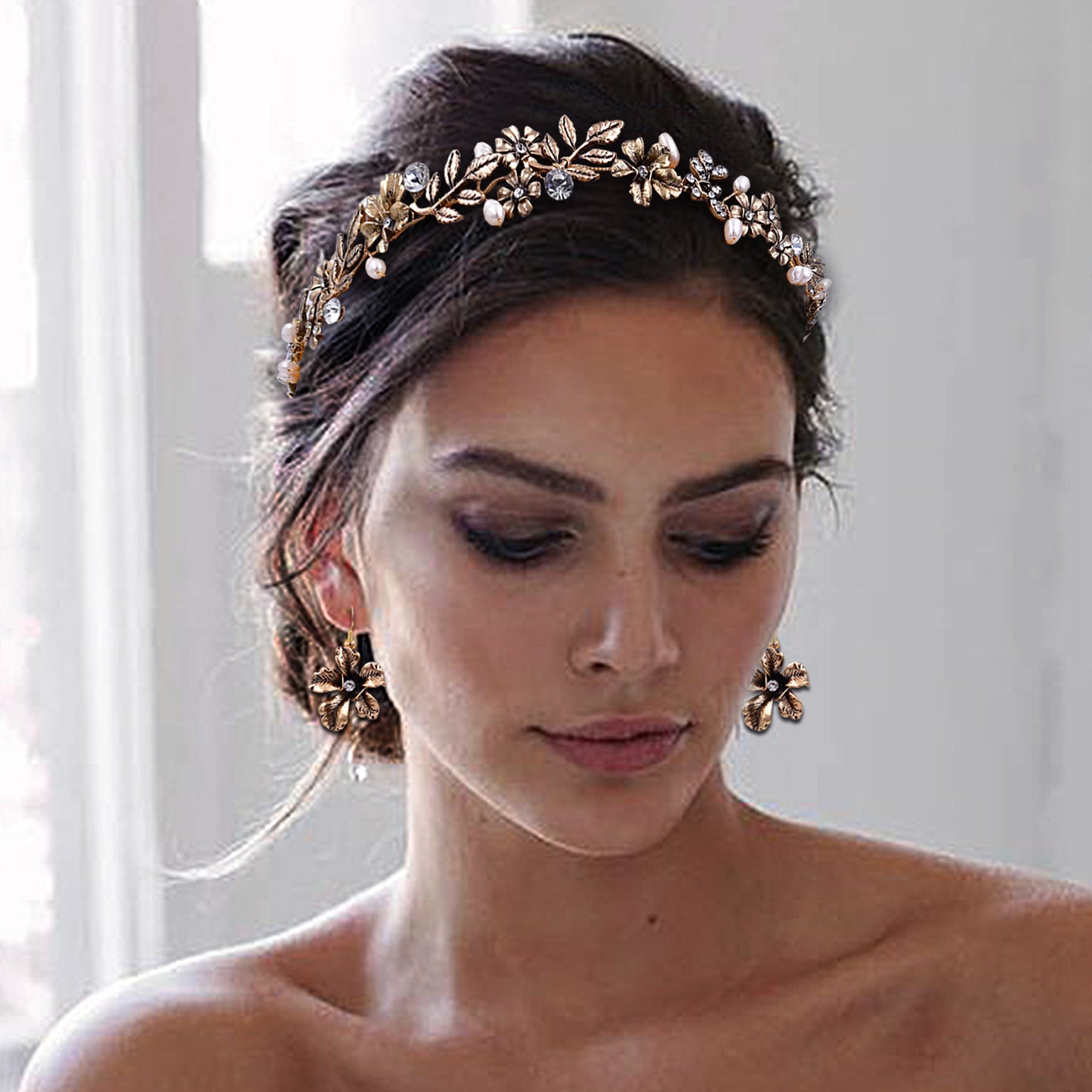 BRIDELLA BHP355 Bridal Golden Headband Women Tiara Wedding Pearl Headwear Alloy Flower And Alloy Leaf Hair Band Hair Accessories