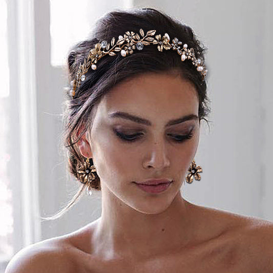 BRIDELLA BHP355 Bridal Golden Headband Women Tiara Wedding Pearl Headwear Alloy Flower And Alloy Leaf Hair Band Hair Accessories