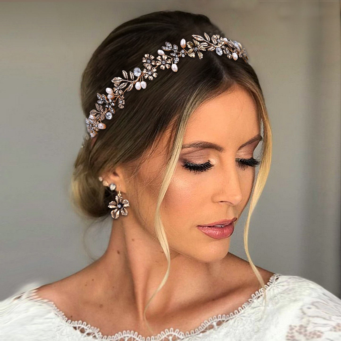 BRIDELLA BHP355 Bridal Golden Headband Women Tiara Wedding Pearl Headwear Alloy Flower And Alloy Leaf Hair Band Hair Accessories