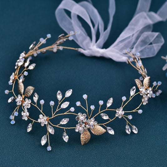 BHP360 gold rhinestone pearl headband