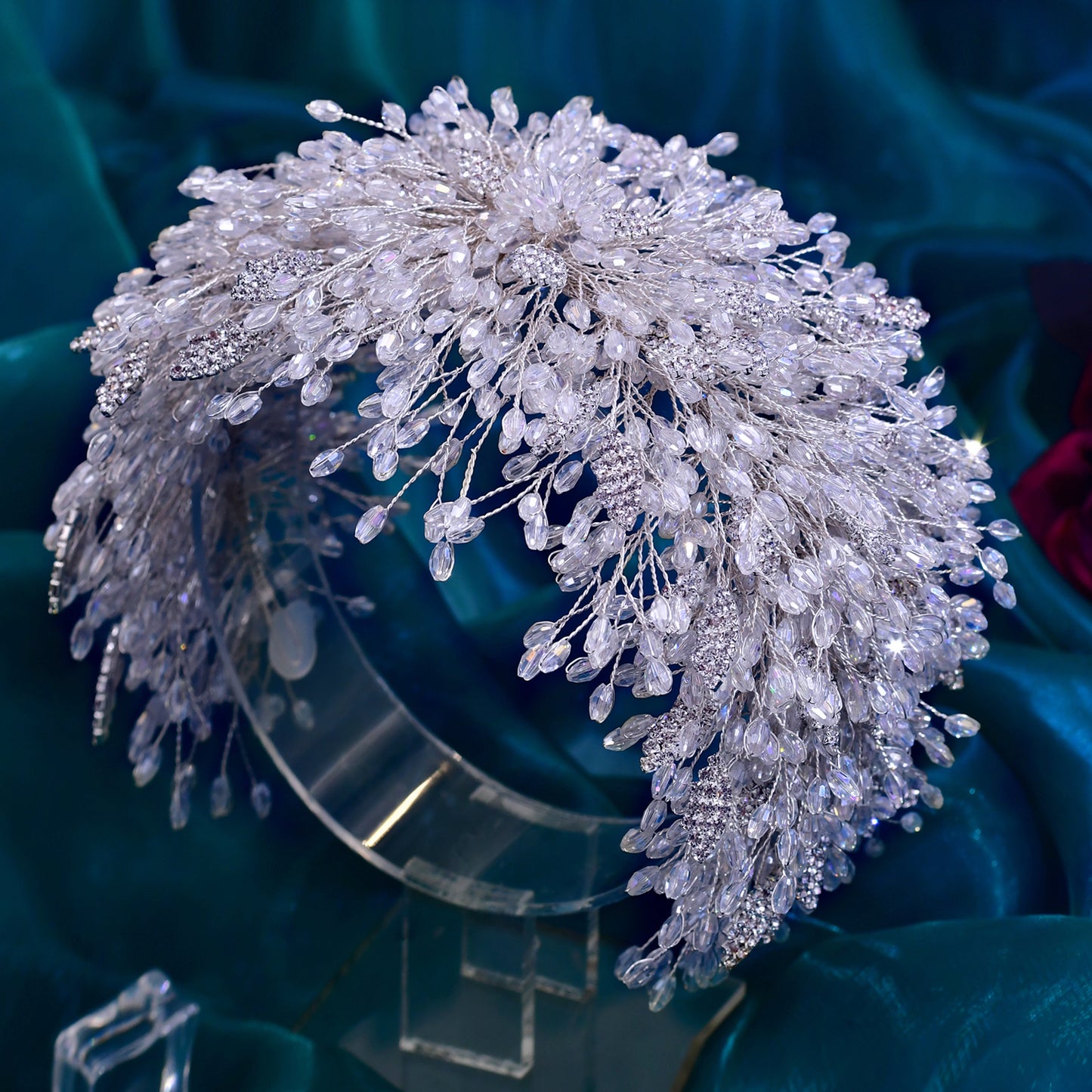 BRIDELLA BHP397 Luxury Bride White Crystal Headpiece Wedding Crowns Pageant Big Rhinestone Women Tiara Bridal Wire Headband