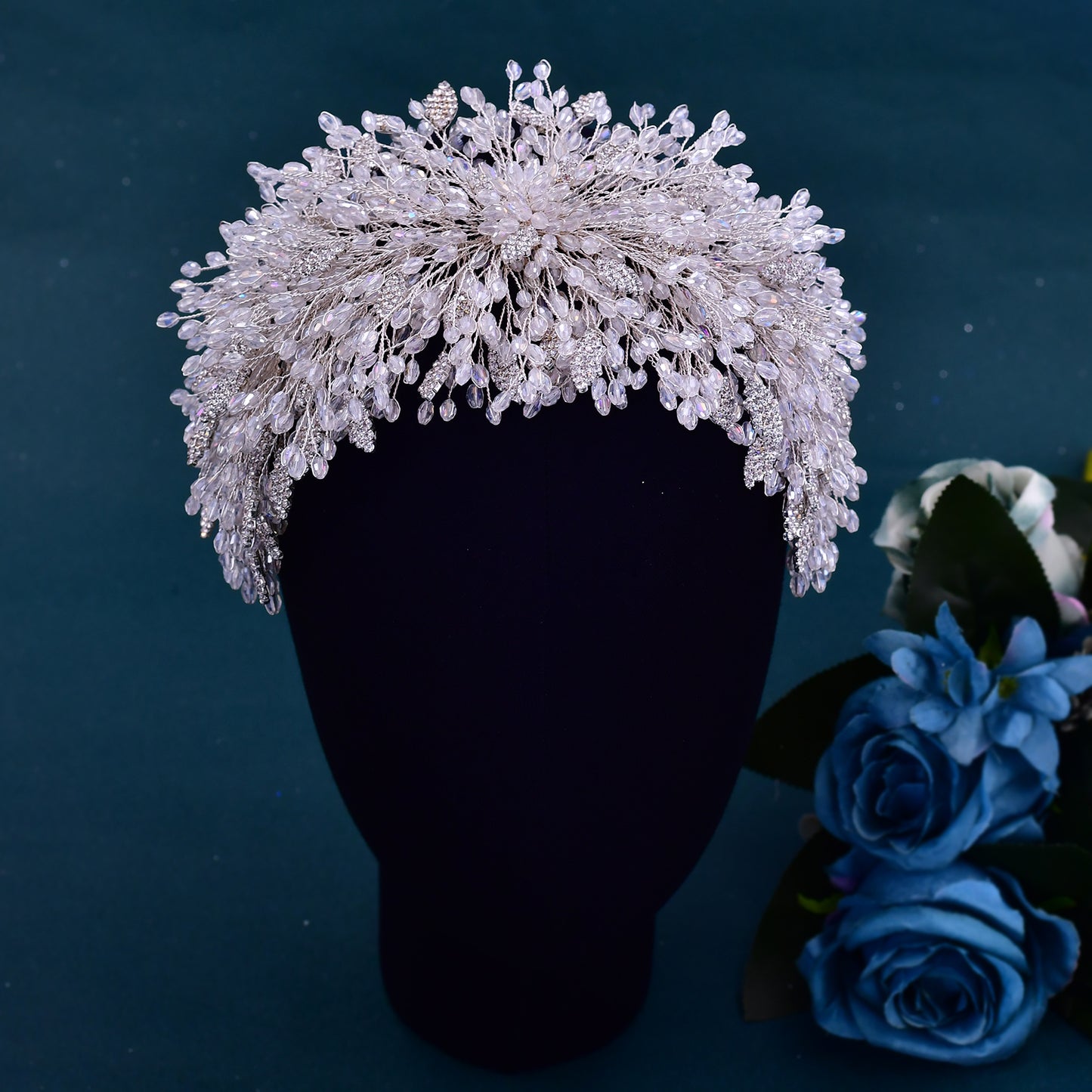 BRIDELLA BHP397 Luxury Bride White Crystal Headpiece Wedding Crowns Pageant Big Rhinestone Women Tiara Bridal Wire Headband