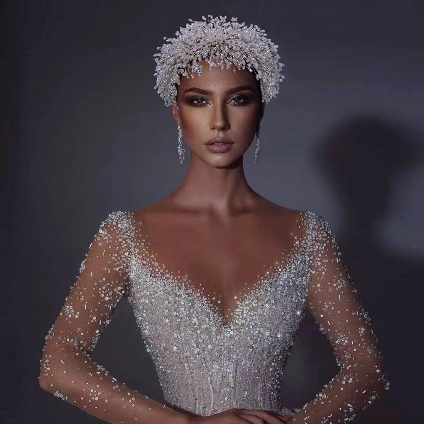 BRIDELLA BHP397 Luxury Bride White Crystal Headpiece Wedding Crowns Pageant Big Rhinestone Women Tiara Bridal Wire Headband