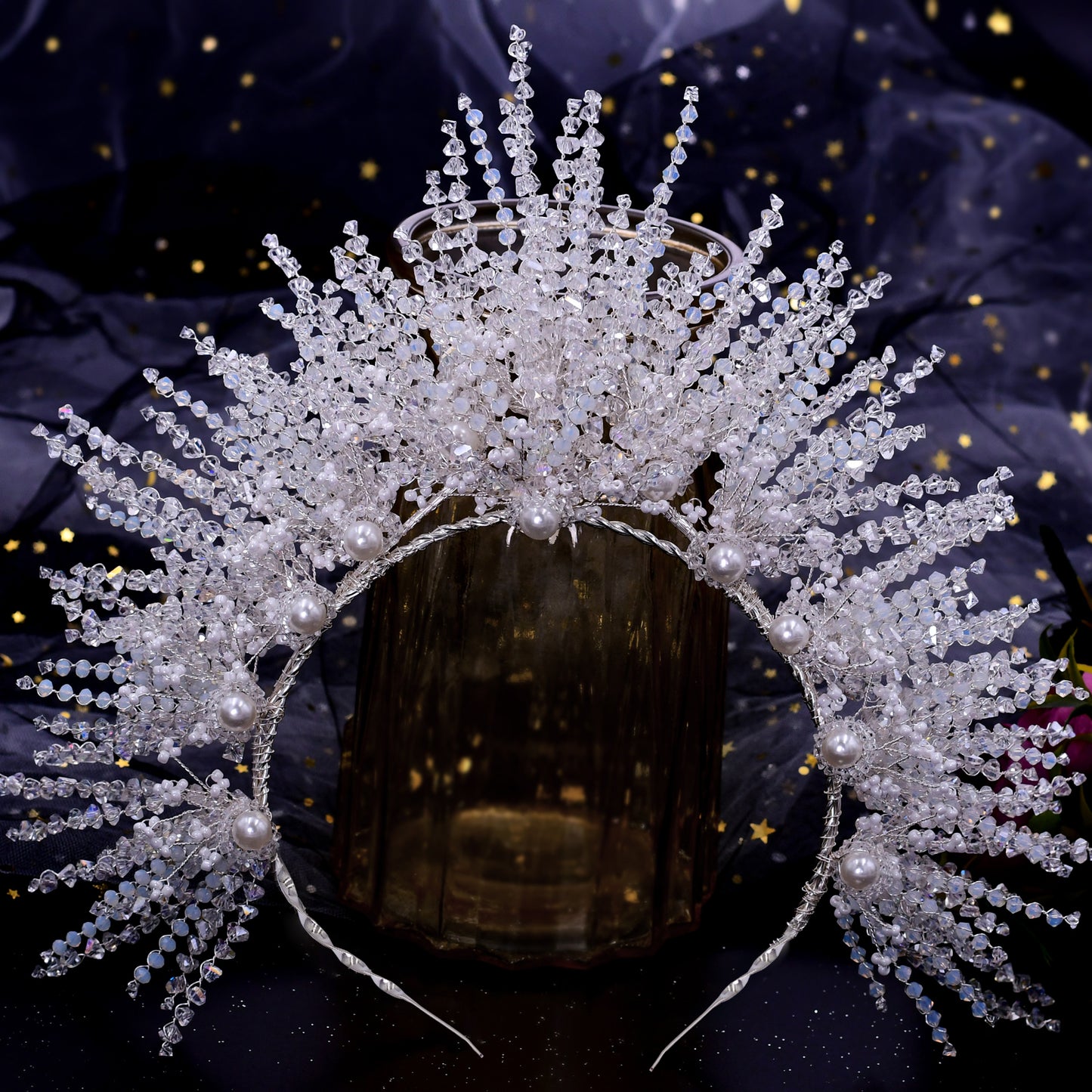 BRIDELLA BHP399 Elegant Crystal Wedding Hairbands with Beaded Goddess Headdress Miss Universe Crown Bridal Hair Accessories