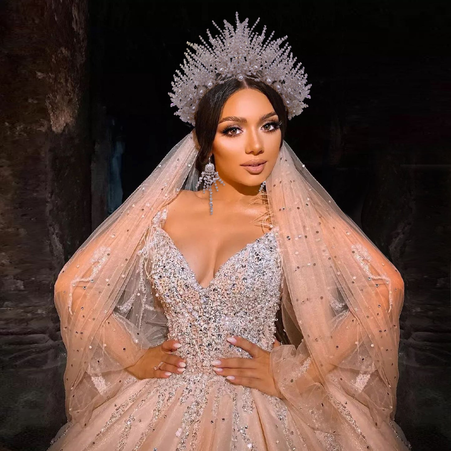 BRIDELLA BHP399 Elegant Crystal Wedding Hairbands with Beaded Goddess Headdress Miss Universe Crown Bridal Hair Accessories