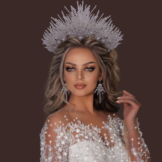 BRIDELLA BHP399 Elegant Crystal Wedding Hairbands with Beaded Goddess Headdress Miss Universe Crown Bridal Hair Accessories