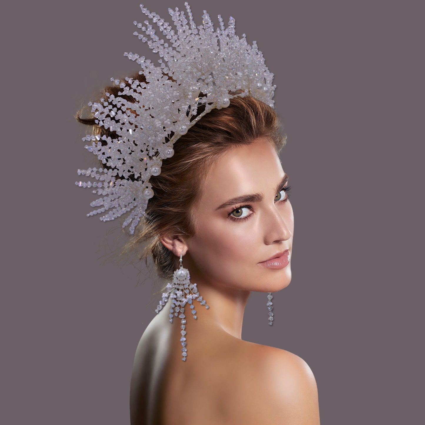 BRIDELLA BHP399 Elegant Crystal Wedding Hairbands with Beaded Goddess Headdress Miss Universe Crown Bridal Hair Accessories