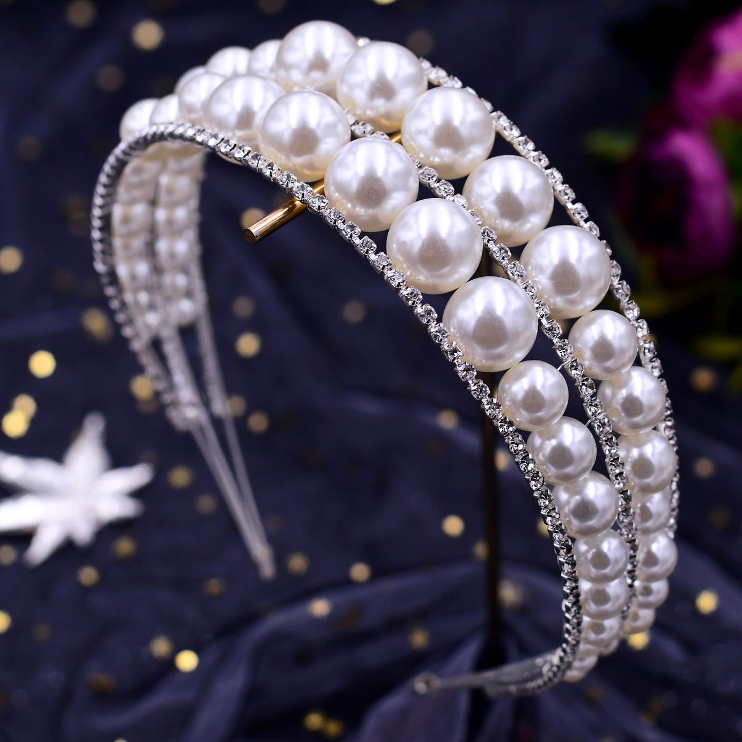 BRIDELLA BHP400 Queen Headband Pearls Tiara and Crown Handmade Wedding Hair Accessories Women's Rhinestone Hair Hoop Jewelry