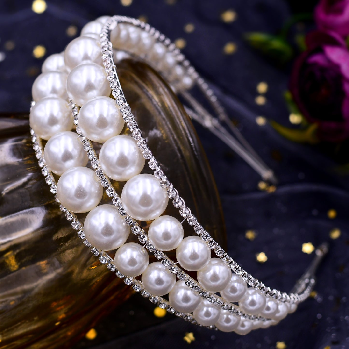 BRIDELLA BHP400 Queen Headband Pearls Tiara and Crown Handmade Wedding Hair Accessories Women's Rhinestone Hair Hoop Jewelry