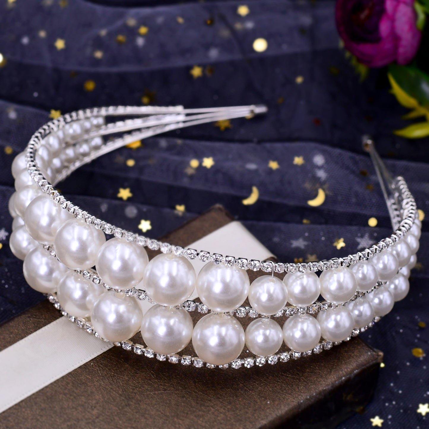 BRIDELLA BHP400 Queen Headband Pearls Tiara and Crown Handmade Wedding Hair Accessories Women's Rhinestone Hair Hoop Jewelry