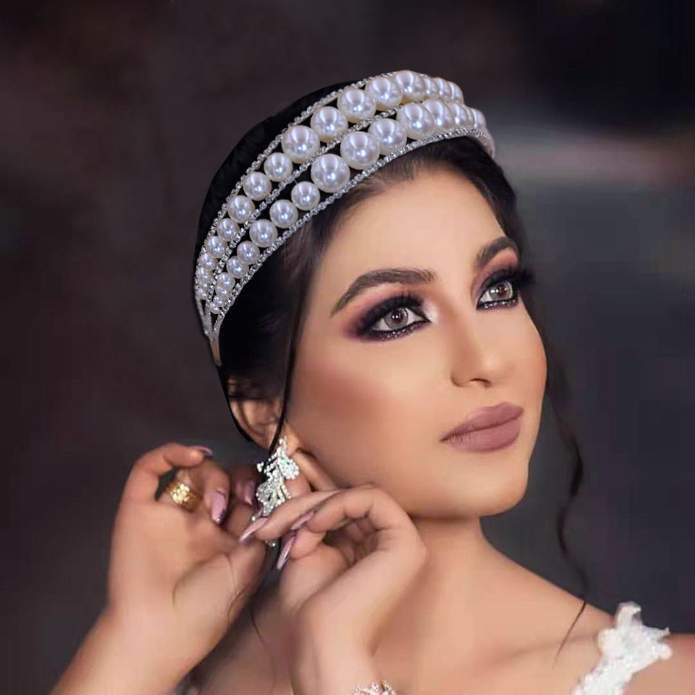 BRIDELLA BHP400 Queen Headband Pearls Tiara and Crown Handmade Wedding Hair Accessories Women's Rhinestone Hair Hoop Jewelry