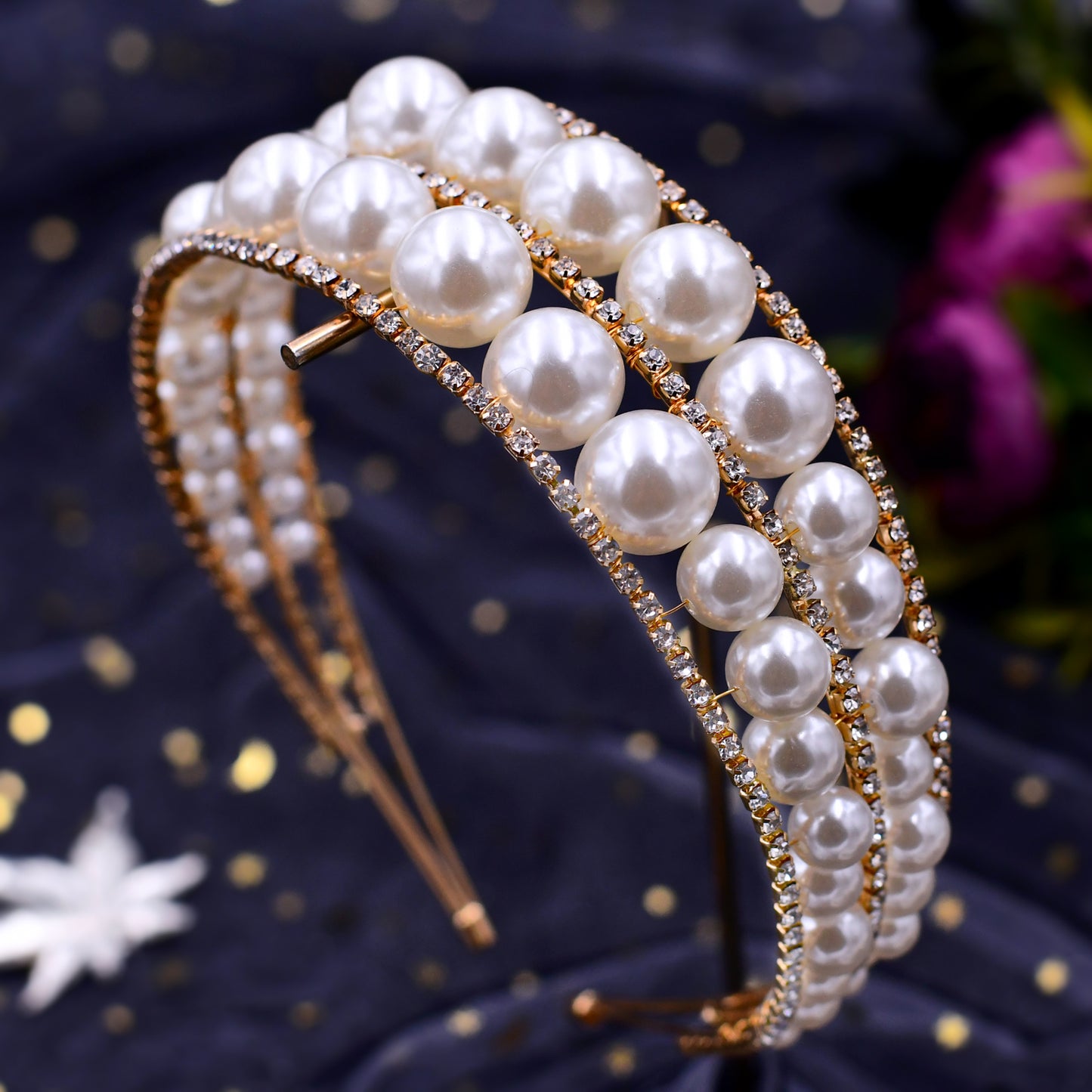 BRIDELLA BHP400 Queen Headband Pearls Tiara and Crown Handmade Wedding Hair Accessories Women's Rhinestone Hair Hoop Jewelry