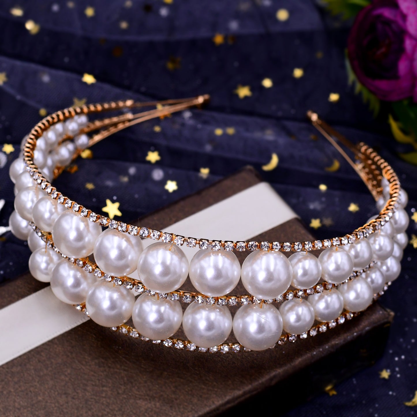 BRIDELLA BHP400 Queen Headband Pearls Tiara and Crown Handmade Wedding Hair Accessories Women's Rhinestone Hair Hoop Jewelry