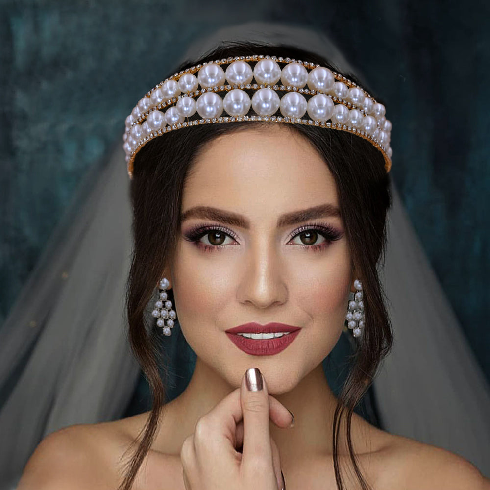 BRIDELLA BHP400 Queen Headband Pearls Tiara and Crown Handmade Wedding Hair Accessories Women's Rhinestone Hair Hoop Jewelry